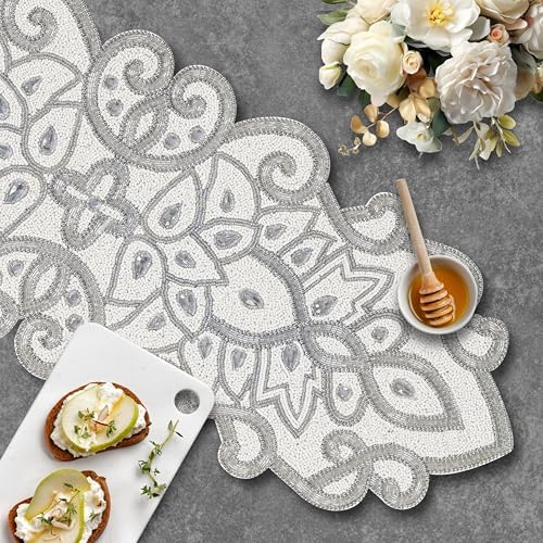 Beaded Table Runner Decorative Hand Glitz Rustic Farmhouse for Scalloped Design - 13x36 Inch - Ivory Silver - Image 5