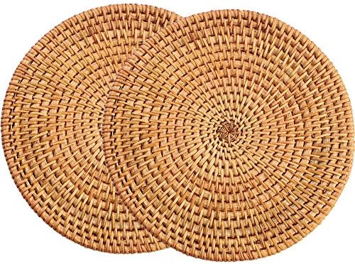 13" Natural Hand Woven Rattan Placemats for Dining Table,Decorative Heat Resistant Mats for Kitchen Coutertops,Hot Dishes,Pots and Pans,Round Diameter 35CM (Set of 2,Gold) by Unknown