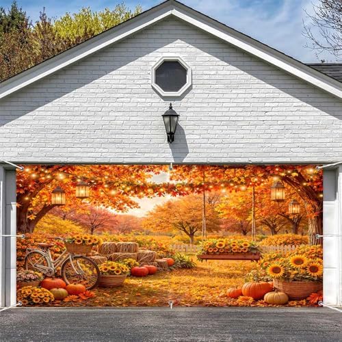 16X7Ft Fall Garage Door Banner Autumn Pumpkin Hanging Backdrop Hay Leaves Door Cover Fall Thanksgiving Wall Decorations Photo Background for Home Party Outdoor Yard Holiday - Image 2