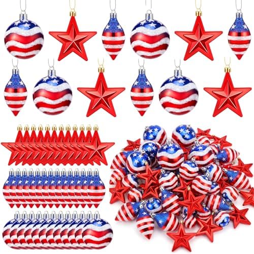 60 Pcs 4th of July Hanging Decoration Patriotic Hanging Ornaments Ball for Tree Red White Blue Stars Ball Ornaments America Flag Tree Decor Pendant for 250th Anniversary Independence Veteran Day Party by Wenqik