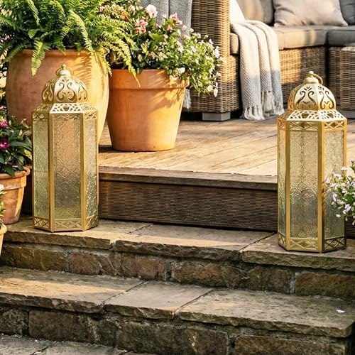 VELA LANTERNS 16" Extra Large Large Gold Metal Decorative Floor Moroccan Lantern Candle Holder Lamp - Indoor/Outdoor, Home Decor, Patio, Weddings, Ramadan Decor - Image 5