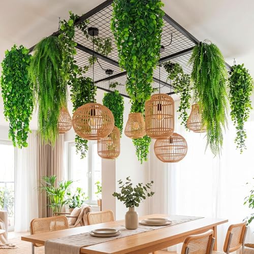 Daifunli 24 Pcs Artificial Hanging Plants Fake Hanging Ferns Plastic Fake Plant for Wall Room Garden Garland Indoor Outdoor Decor No Basket (Boston,Eucalyptus) - Image 4