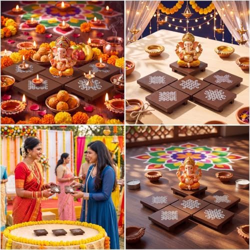 Kolam Trays Indian Return Gifts, Ganesh Pooja Chowki, 24 Pcs, Brown - Image 6
