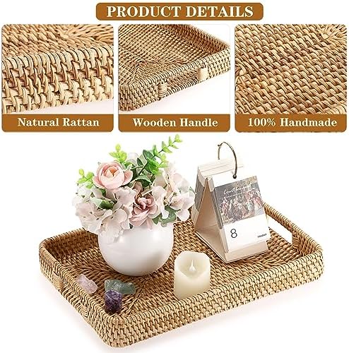 Hipiwe Large Woven Rattan Serving Tray Wicker Basket Organizer, 13.4"x9.5" - Image 6
