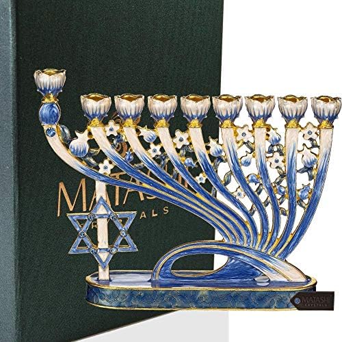 Matashi Hand Painted Enamel Menorah Candelabra with Gold Accents Crystals by MATASHI