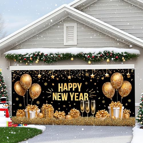 New Year’s Glittering Garage Door Banner – "Happy New Year" with Gold Balloons, Champagne Glasses, and Gifts – Garage Door Cover for Holiday Decor and Outdoor Celebrations - Image 5