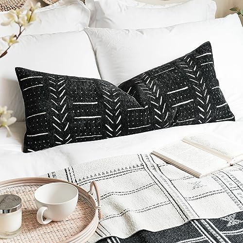 BLISSBLUSH Black Decorative Lumbar Pillow Cover 14X36, Boho Lumbar Throw Pillow For Bed, Long Decorative Pillow Case, Modern Accent Throw Pillow, 14 x 36 Textured Lumbar Pillow Decorative (COVER ONLY) by BlissBlush