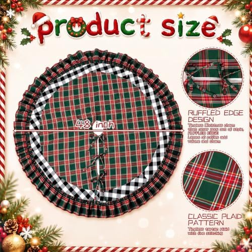 Blueweenly Christmas Tree Skirt, 48 Inch, Red Plaid with Ruffle Edge - Image 2