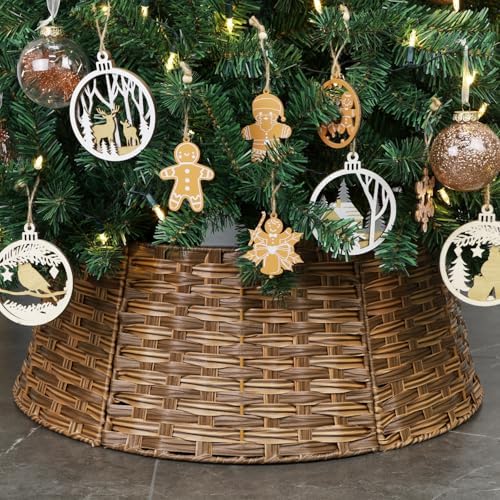 Blissun Christmas Tree Collar, Plastic Rattan Xmas Tree Ring, Round Farmhouse Christmas Tree Collar, Christmas Tree Skirt for Artificial Christmas Trees Decoration, Brown by Blissun