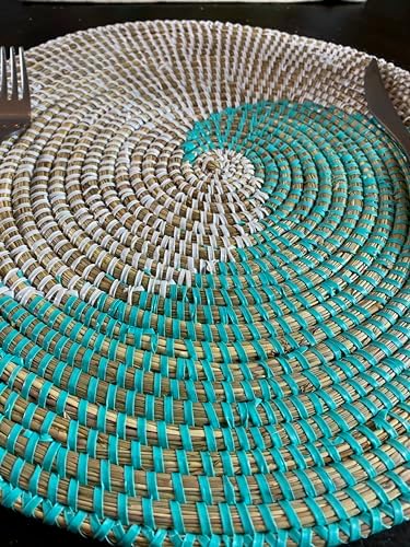 Senegal Placemats/African Bohemian Woven Seagrass Placemats/Natural Wicker Round Basket Placemats/Decorative Hanging Wicker Plates/Hanging Wall Decor (Light Blue & White) - Image 7