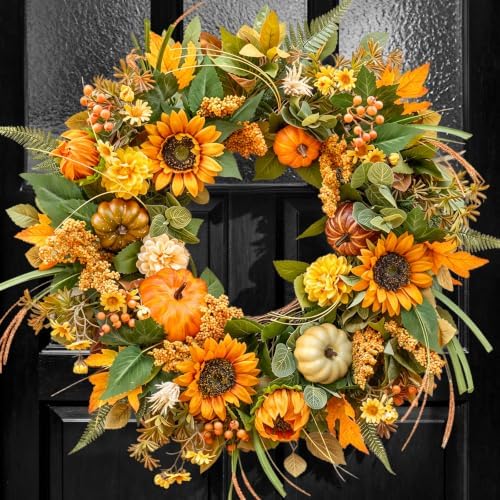 24 Inch Fall Wreaths for Front Door Outside with Sunflowers,Pumpkins,Leaves by wreathqueen