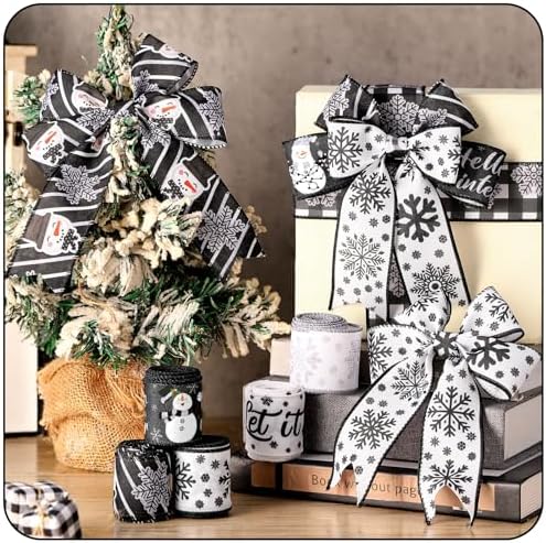 10 Pcs Winter Ribbons 4 Roll Mesh Ribbon 6 Roll Wired Ribbon Black - Image 3