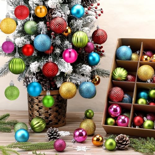 Lunmon 64 Pcs Neon Christmas Ball Ornaments Shiny Bright Multicolor Baubles by Lunmon