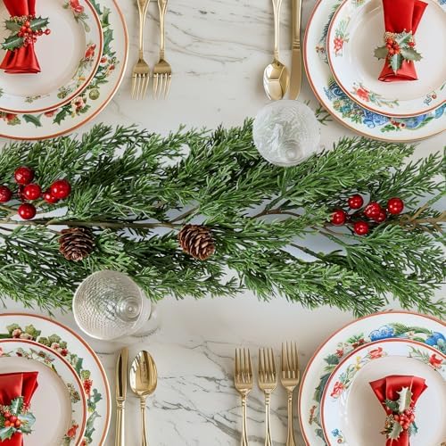 ENVEN Faux Cedar Christmas Garland with Red Berries & Pine Cones – Full Faux Winter Greenery for Holiday Mantel, Staircase, Doorway, Indoor Outdoor Christmas Décor (9FT-Deluxe Cedar) by ENVEN