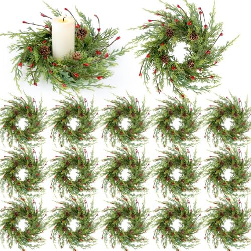 18 Pcs Artificial Christmas Candle Rings 9 Inch Cedar Pine Garland Wreaths with Red Berries Pinecones Wreaths Pine Needles Candle Ring Holder for Christmas Winter Decorations Table Centerpiece by Unknown