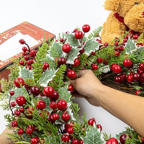 LLZLL Christmas Wreath for Front Door 20 Inch Indoor Christmas Wreaths Artificial Red Berry Wreath with Norfolk Pine and Holly Leaf for Holiday Celebrations - Image 3