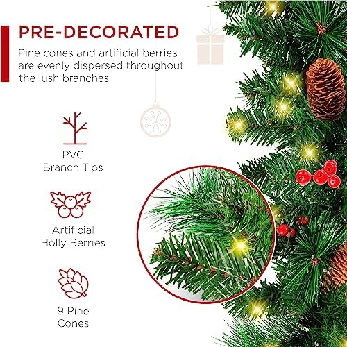 Best Choice Products 9ft Pre-Lit Holiday Pre-Decorated Christmas Garland for Stairs, Fireplace, Decoration w/PVC Tips, 50 Lights, Pine Cones, Berries - Unflocked - Image 3