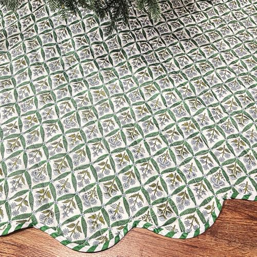 MiniInflat Quilted Christmas Tree Skirt - Vintage Floral Block Print Christmas Tree Skirt with Scalloped Edge Thicken Cotton for Home Decorations Holiday Party Gift(60 Inch,Checkered Floral,Green) by MiniInflat