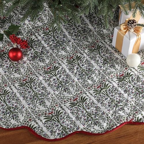 MiniInflat Quilted Christmas Tree Skirt - Vintage Floral Block Print Christmas Tree Skirt with Scalloped Edge Thicken Cotton for Home Decorations Holiday Party Gift(60 Inch,Gingham Floral,Prune Red) - Image 3