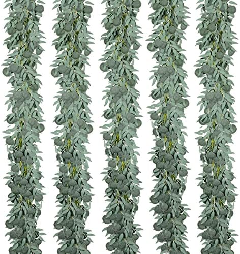 Kisflower 5 Pack 6.56FT Green Eucalyptus Garland for Decoration Table with Willow Leaves Greenery Garland Fake Hanging Plants Vines for Wedding Arch Decor Party Room Home Garden Office Wall Decor by Kisflower