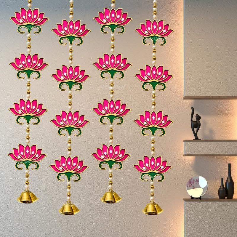 Divyakosh Door Hangings for Home | 4 Pink Latkans, Size - 24 Inch Each | Temple & Pooja Decoration Items, Lotus with Bell Hanging by Divyakosh