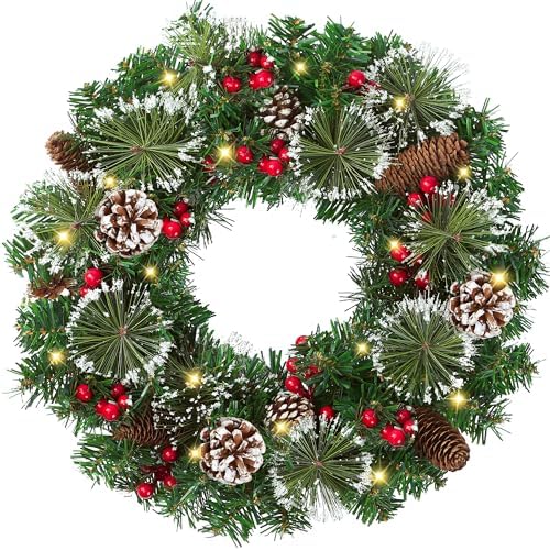 18’’ Artificial Christmas Wreath for Front Door with Pine Needles Red Berries Pine Cones Christmas Decorations for Winter Wall Indoor Outdoor Home Holiday Xmas Decor by Sggvecsy