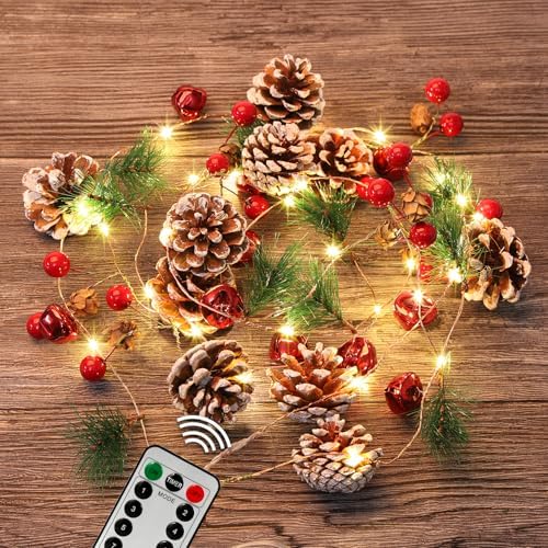 10FT Enchanting Christmas Garland with 30 LED Lights Battery Operated-Realistic Red Berries & Pine Cones Decor for Tree,Fireplace Mantel,Indoor Holiday Home Decor (10Ft) by KITCADA