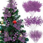 75 Pcs Christmas Glitter Branches 3 Styles Artificial Christmas Picks Berries Stems Pine Needles Floral Twig Spray for Xmas Tree Ornaments DIY Wreath Garland(Purple) - Image 3