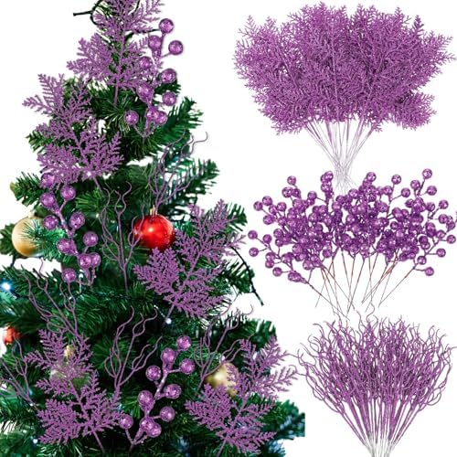 75 Pcs Christmas Glitter Branches 3 Styles Artificial Christmas Picks Berries Stems Pine Needles Floral Twig Spray for Xmas Tree Ornaments DIY Wreath Garland(Purple) - Image 3