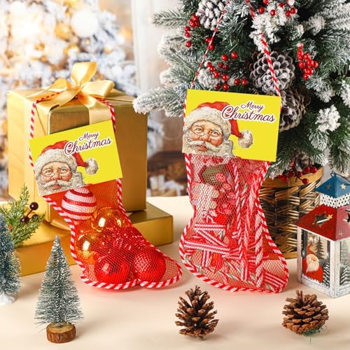 Leyndo 100 Pcs Long Mesh Christmas Stockings Bulk 50 12 Inches Christmas Stockings with 50 Santa Header Card Candy Cane Xmas Stocking for Event Gift Stuffing Family Holiday Party (Yellow) - Image 3