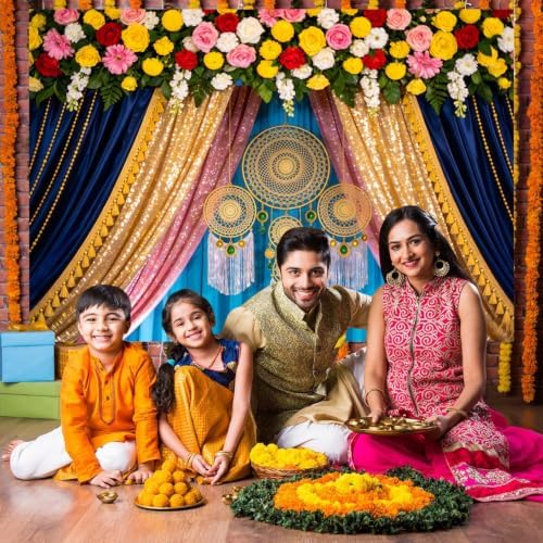 12x8ft India Pooja Backdrop Marigold Garland Diwali Traditional Festival Ganpati Photography Background Hindu Wedding Mehndi Party Banner Decorations Photo Studio Props - Image 5