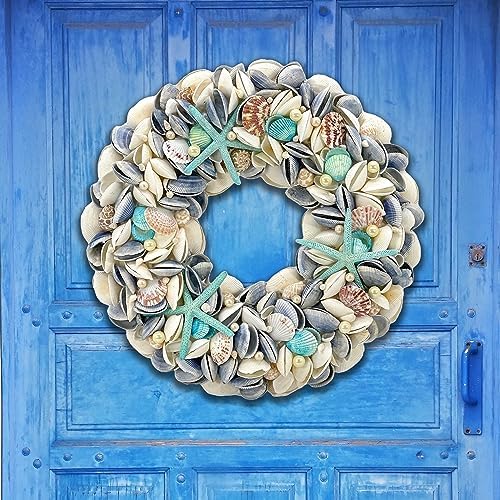 Galt International 18" Nautical Seashell Wreath, Blue | Coastal Beach Floral Home Decor Indoor Outdoor Real Starfish Pearl Seashells - Image 2
