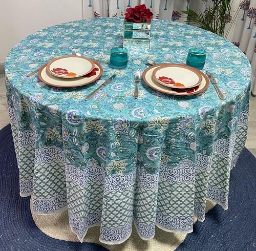 Ridhi Block Print Round Tablecloth Turquoise & Steel Blue 110 Inch Cotton - Image 2