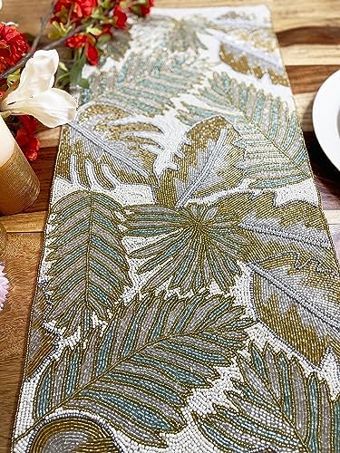 Enliven Handmade Leaf Beaded Table Runner, 13x36 Inches Lightweight Decorative Table Runner, Perfect for Dining/Wedding/Party/Everyday Use & Easy to Clean, Elegant Beaded Runner (Multicolor) - Image 3