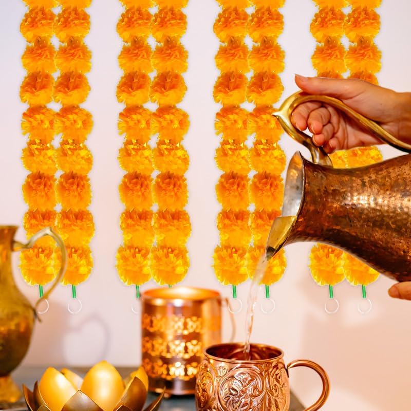 10 Pcs Artificial Marigold Garland for Decoration 5 ft Long Golden Yellow Indian Diawli Decorations for Home, Celebrations Events. Orange - Image 6