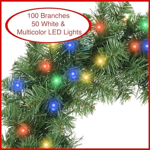 Casafield 24" Pre-Lit Fir Artificial Christmas Wreath Holiday Décor, 50 LED White & Multicolor Lights, 100 PVC Tips for Front Door, Window, or Mantel - Image 2