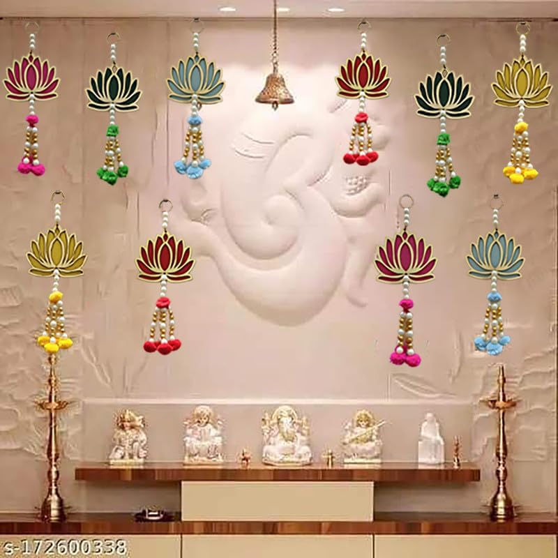 Divyakosh Wood Handmade Lotus Multicolor, Pom Pom Style, Pack of 10, for Ganpati Decor, Diwali Decoration, VAR Laxmi Vrat| Wall Hangings for Home Decoration, Temple Decor | - Image 2