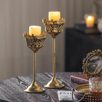 CROWSONG Tall Pillar Candle Holders Set of 2 – Baroque Crown Design | Antique Gold Iron, 14.2" & 11.8" | Victorian Mantel & Centerpiece Décor (Candles Not Included) - Image 7