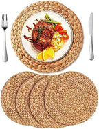 13.8'' Round Woven Placemats Set of 4 Plate Chargers, Heat Resistant Non-Slip Water Hyacinth Weave Place Mats Farmhouse Straw Braided Rattan Tablemats Wicker Placemats for Table Decoration by DAJAMAI