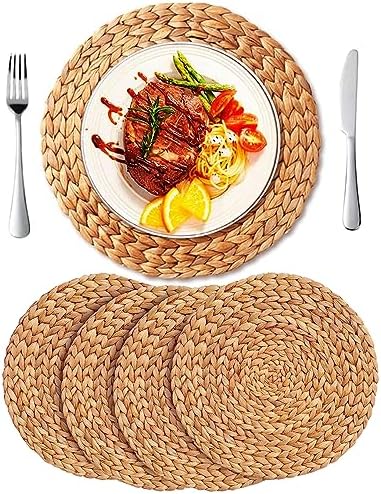 13.8'' Round Woven Placemats Set of 4 Plate Chargers, Heat Resistant Non-Slip Water Hyacinth Weave Place Mats Farmhouse Straw Braided Rattan Tablemats Wicker Placemats for Table Decoration by DAJAMAI