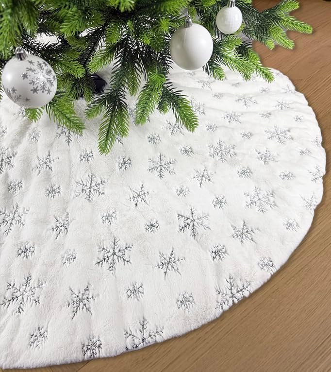 AOGU 60 Inch Sequin Faux Fur Christmas Tree Skirt Decoration for Merry Christmas Party White Plush Silver Sequin Snowflake Xmas Christmas Tree Skirt Decorations - Image 5