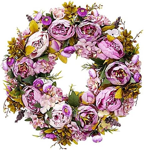 BOMAROLAN Artificial Peony Flower Wreath 19Inch Vintage Blooming Silk Peonies Spring Summer Fall Winter Large Wreaths Flower Green Leaves for Outdoor Front Door Indoor Wedding Wall Or Window Décor by BOMAROLAN
