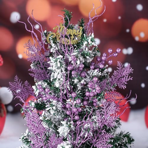 75 Pcs Christmas Glitter Branches 3 Styles Artificial Christmas Picks Berries Stems Pine Needles Floral Twig Spray for Xmas Tree Ornaments DIY Wreath Garland(Purple) - Image 4