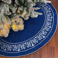 Blue Christmas Tree Skirt Velvet 30 Inch - Floral Embroidered Decoration by Scritism