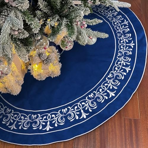 Blue Christmas Tree Skirt Velvet 30 Inch - Floral Embroidered Decoration by Scritism