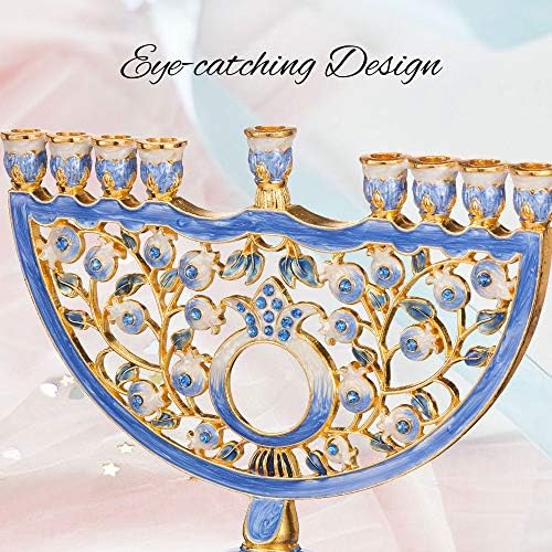 Matashi Hand Painted Blue Enamel Pomegranate Design Menorah Candelabra - Image 4