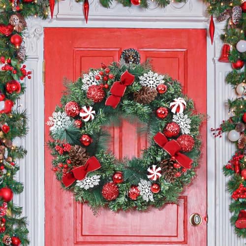 Christmas Wreaths for Front Door - 2 Pack 18'' Christmas Wreath with Lights Bow Berries Cones Pine Needles, Christmas Door Wreath for Home Door Wall Party Christmas Decorations - Image 3