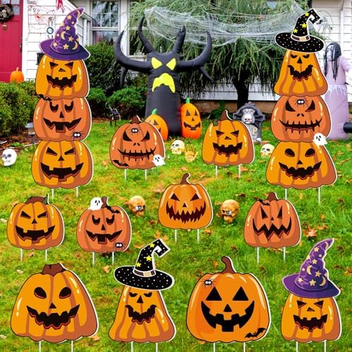 Amyhill 12 Pcs Halloween 16 Pumpkin Ghost Yard Signs with Witch Hat Outdoor - Image 5