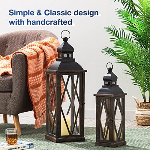 Glitzhome Farmhouse Lanterns Decorative Indoor, 2 Pack Wood/Metal Decorative Candle Lanterns, Vintage Lantern Decor Large Floor Lanterns for Home Decor, Brown (No Glass) - Image 2