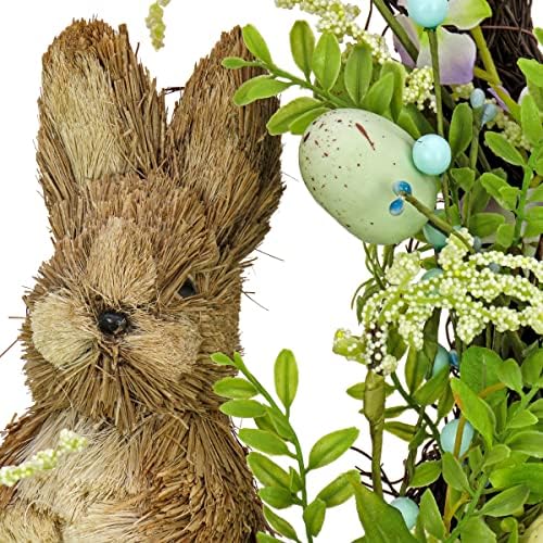 National Tree Company Artificial Spring Wreath, Woven Branch Base, Decorated with Wooden Bunny, Blue Flower Blooms, Pastel Eggs, Berries, Easter Collection, 16 Inches - Image 3